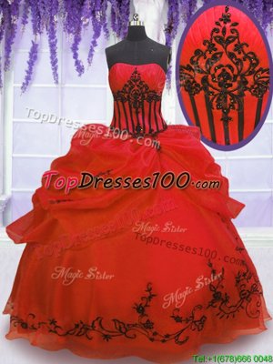 High Class Red Strapless Neckline Embroidery and Pick Ups Quinceanera Dress Sleeveless Lace Up