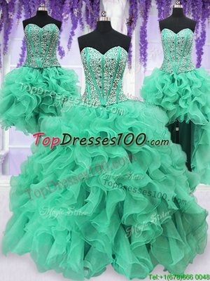 On Sale Four Piece Turquoise Sweet 16 Dress Military Ball and Sweet 16 and Quinceanera and For with Ruffles and Sequins Sweetheart Sleeveless Lace Up