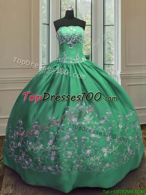 Glittering Green Lace Up Strapless Embroidery 15 Quinceanera Dress Satin Sleeveless