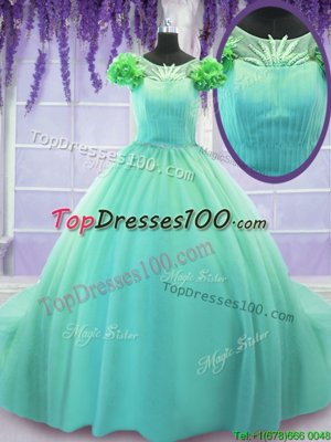 Scoop Short Sleeves Court Train Lace Up Hand Made Flower Quinceanera Gown