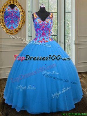 High Class Straps Straps Sleeveless Floor Length Beading and Sequins Zipper Quinceanera Dresses with Blue