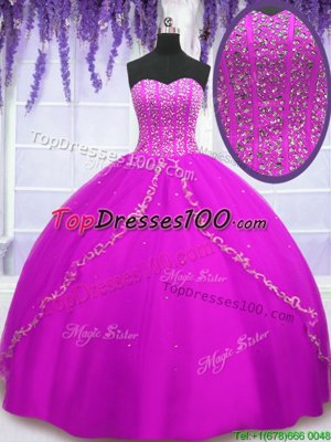 Fuchsia Quinceanera Dresses Military Ball and Sweet 16 and Quinceanera and For with Beading Sweetheart Sleeveless Lace Up
