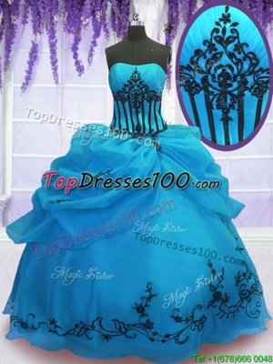 New Arrival Ball Gowns Quinceanera Dress Blue Strapless Organza Sleeveless Floor Length Lace Up
