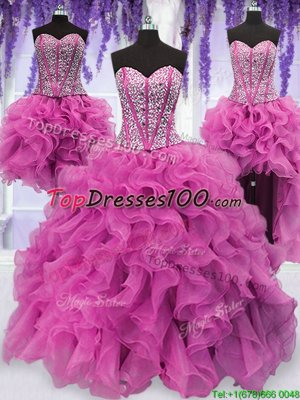 Four Piece Sweetheart Sleeveless Organza Quince Ball Gowns Ruffles and Sequins Lace Up