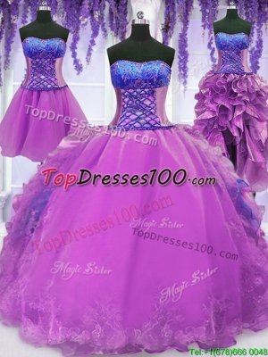 High Class Four Piece Organza Strapless Sleeveless Lace Up Embroidery and Ruffles Sweet 16 Quinceanera Dress in Purple