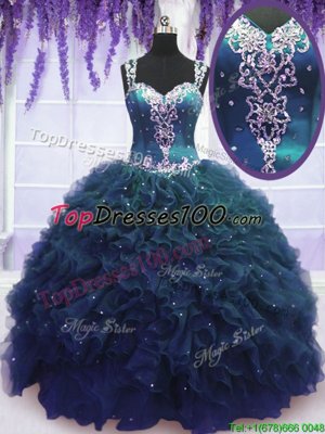 New Arrival Floor Length Navy Blue 15th Birthday Dress Straps Sleeveless Zipper