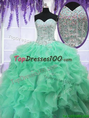Organza Sweetheart Sleeveless Lace Up Ruffles and Sequins 15th Birthday Dress in Apple Green