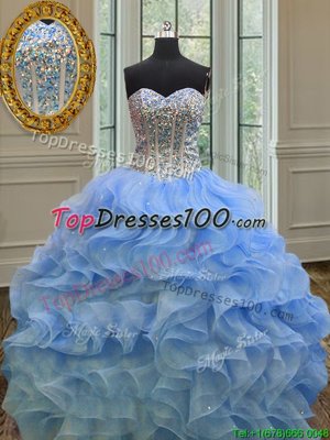 Floor Length Blue Quince Ball Gowns Organza Sleeveless Beading and Ruffles