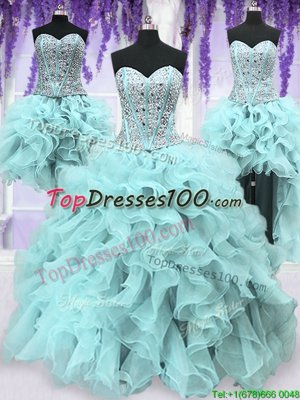 Hot Sale Four Piece Ruffles and Sequins 15 Quinceanera Dress Light Blue Lace Up Sleeveless Floor Length