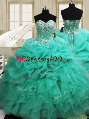 Glittering Apple Green Ball Gowns Organza Sweetheart Sleeveless Beading and Pick Ups Floor Length Lace Up 15 Quinceanera Dress