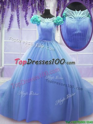 Captivating Blue Quinceanera Gown Military Ball and Sweet 16 and Quinceanera and For with Hand Made Flower Scoop Short Sleeves Court Train Lace Up