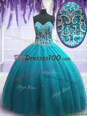 Sweetheart Sleeveless Ball Gown Prom Dress Floor Length Beading Teal Tulle