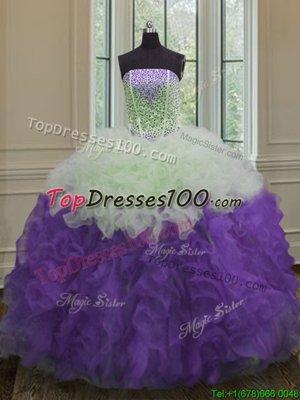 White And Purple Strapless Lace Up Beading and Ruffles Quinceanera Dress Sleeveless