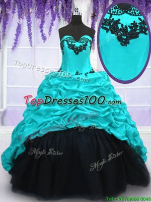 Customized Pick Ups Sweep Train Ball Gowns 15th Birthday Dress Aqua Blue Sweetheart Taffeta Sleeveless With Train Lace Up