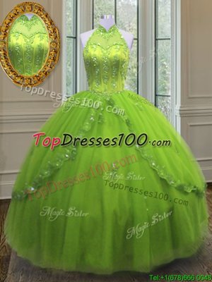 High End Floor Length Lace Up Quinceanera Gown Yellow Green and In for Military Ball and Sweet 16 and Quinceanera with Beading and Appliques