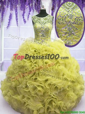 Suitable Yellow Ball Gowns Scoop Sleeveless Organza Floor Length Lace Up Beading and Ruffles 15 Quinceanera Dress