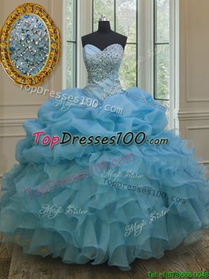 Customized Baby Blue Sleeveless Floor Length Beading and Ruffles and Pick Ups Lace Up Ball Gown Prom Dress