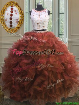 Custom Designed Ball Gowns Vestidos de Quinceanera Rust Red Scoop Organza Sleeveless Floor Length Clasp Handle