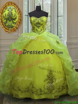 Sweetheart Sleeveless Organza Quince Ball Gowns Beading and Appliques and Pick Ups Court Train Lace Up
