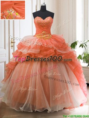 Orange Red Sweetheart Neckline Beading and Ruffled Layers 15th Birthday Dress Sleeveless Lace Up
