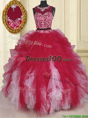 Scoop White And Red Two Pieces Beading and Ruffles Quinceanera Dresses Zipper Tulle Sleeveless Floor Length