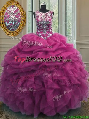 Super Fuchsia Organza Lace Up Scoop Sleeveless Floor Length Sweet 16 Quinceanera Dress Beading and Ruffles and Pick Ups