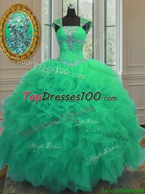 Turquoise Organza Lace Up Straps Cap Sleeves Floor Length Quinceanera Gown Beading and Ruffles and Sequins