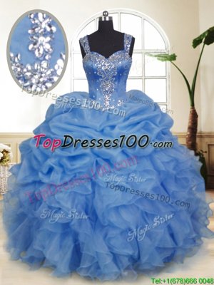 Best Blue Straps Zipper Beading and Ruffles and Pick Ups Quince Ball Gowns Sleeveless
