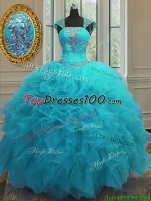 Noble Aqua Blue Lace Up Straps Beading and Ruffles and Sequins Sweet 16 Dress Organza Cap Sleeves