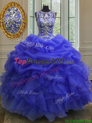 Scoop Floor Length Royal Blue 15 Quinceanera Dress Organza Sleeveless Beading and Ruffles