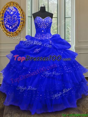 Fancy Royal Blue Organza Lace Up Sweetheart Sleeveless Floor Length Quince Ball Gowns Beading and Ruffled Layers and Pick Ups