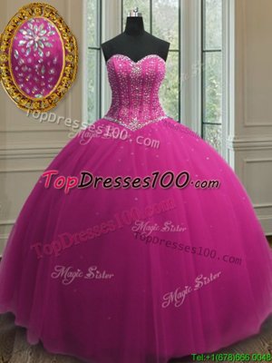 Fabulous Sleeveless Floor Length Beading and Sequins Lace Up Quinceanera Gowns with Fuchsia