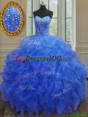 Stunning Blue Sweetheart Neckline Beading and Ruffles Vestidos de Quinceanera Sleeveless Lace Up