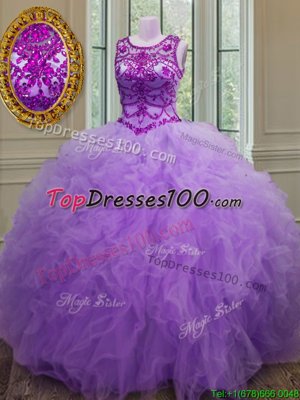 Scoop Lavender Sleeveless Beading and Ruffles Floor Length Quinceanera Gown