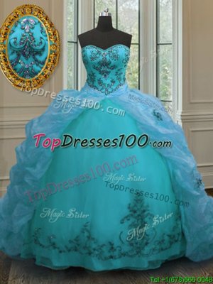 Clearance Aqua Blue Sweetheart Lace Up Beading and Appliques and Pick Ups Sweet 16 Quinceanera Dress Court Train Sleeveless