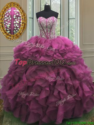 Fuchsia Sleeveless Organza Lace Up Quinceanera Gown for Military Ball and Sweet 16 and Quinceanera