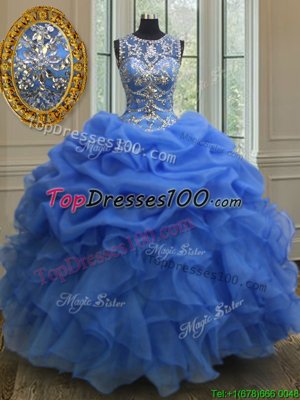 Blue Organza Lace Up Scoop Sleeveless Floor Length Quinceanera Dresses Beading and Ruffles