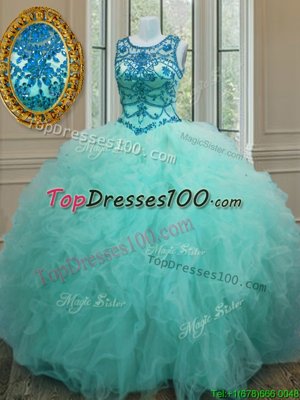 Scoop Sleeveless Lace Up 15 Quinceanera Dress Turquoise Tulle