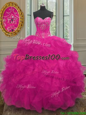 Floor Length Lace Up Quinceanera Gown Fuchsia and In for Military Ball and Sweet 16 and Quinceanera with Beading and Embroidery