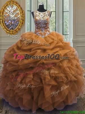 Scoop Brown Lace Up 15th Birthday Dress Beading and Ruffles and Pick Ups Sleeveless Floor Length