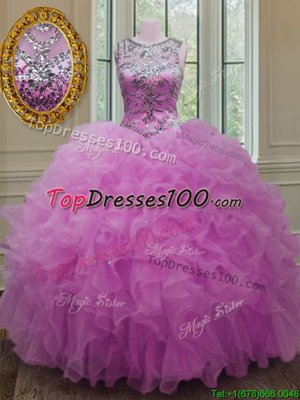 Sexy Scoop Sleeveless Quinceanera Dress Floor Length Beading and Ruffles Fuchsia Organza