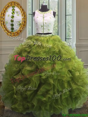 Olive Green Scoop Neckline Appliques and Ruffles Quinceanera Gowns Sleeveless Clasp Handle