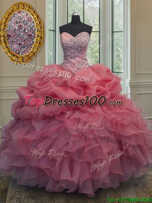 Attractive Organza Sweetheart Sleeveless Lace Up Beading and Ruffles and Pick Ups 15th Birthday Dress in Pink