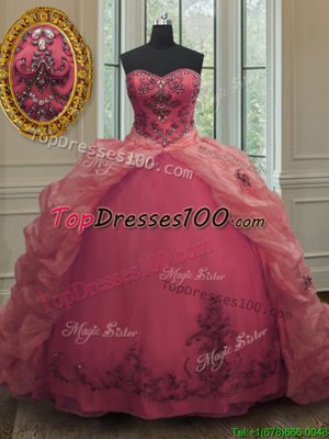 Comfortable Pink Ball Gowns Sweetheart Sleeveless Organza With Train Court Train Lace Up Beading and Appliques and Pick Ups 15 Quinceanera Dress