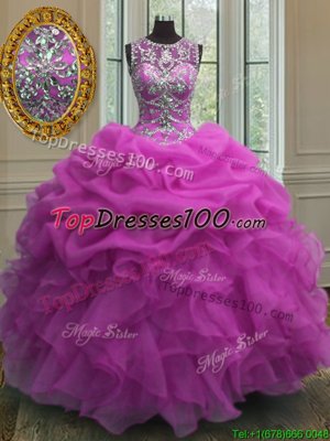 Scoop Sleeveless Organza Floor Length Lace Up Quince Ball Gowns in Fuchsia for with Beading and Ruffles and Pick Ups