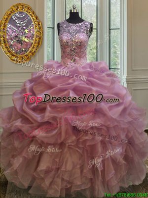 Lovely Pink Lace Up Sweetheart Beading and Ruffles Quinceanera Dress Organza Sleeveless