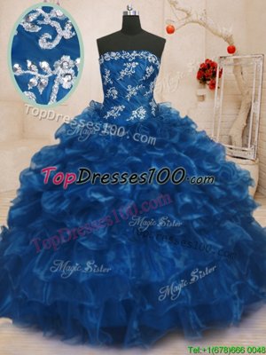 Navy Blue Lace Up Strapless Beading and Appliques and Ruffles Quince Ball Gowns Organza Sleeveless