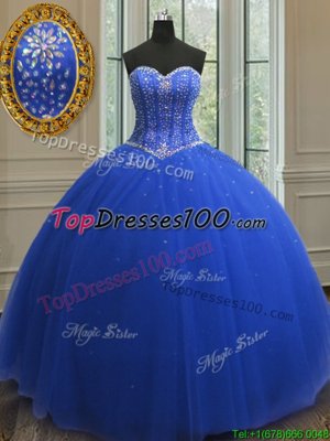 Sleeveless With Train Beading and Ruffled Layers Lace Up Sweet 16 Dresses with Blue Sweep Train