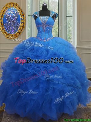 Exceptional Organza Cap Sleeves Floor Length Sweet 16 Dresses and Beading and Ruffles and Sequins