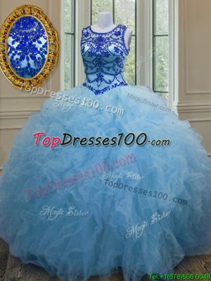 Custom Fit Scoop Baby Blue Sleeveless Beading and Ruffles Floor Length Sweet 16 Dress